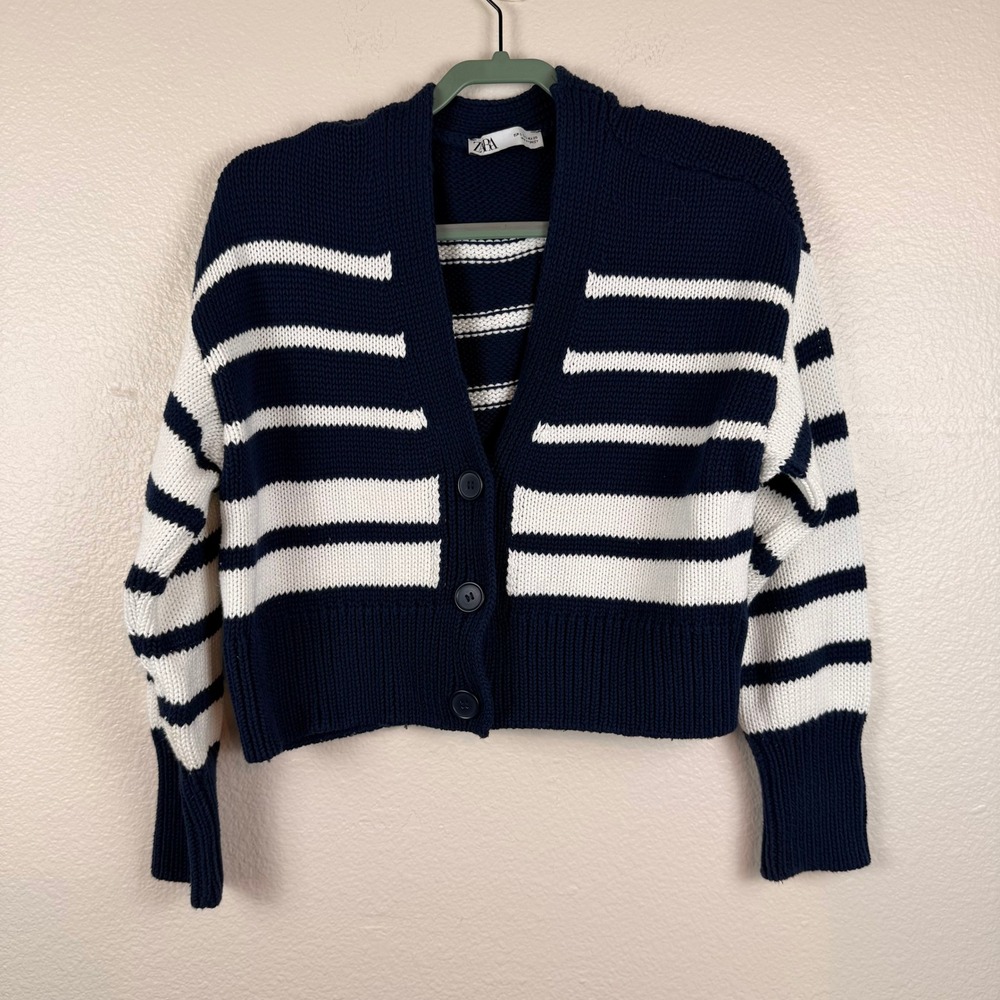 Zara Cardigan Sweater Womens S Navy Blue White Excellent Striped Chunky Knit